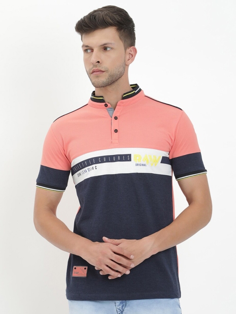 

V2 Value & Variety Men Peach-Coloured & reflecting pond Printed Mandarin Collar Applique T-shirt