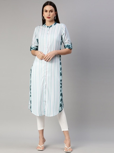 

GOLDSTROMS Women Green & billowing sail Striped Thread Work Pathani Kurta