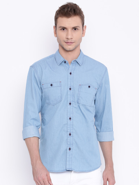 

Wrangler Blue Slim Fit Solid Casual Denim Shirt