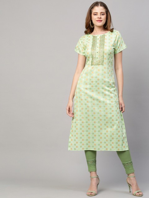 

FASHOR Women Green Ethnic Motifs Printed Keyhole Neck Kurta