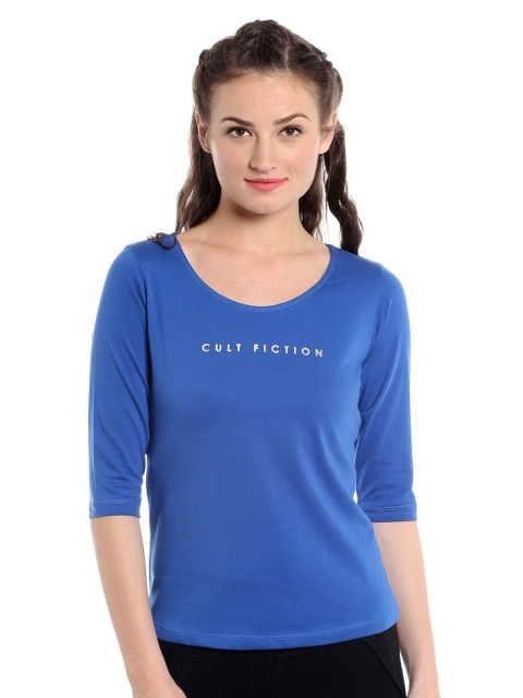 

CULT FICTION Women Blue Typography V-Neck T-shirt