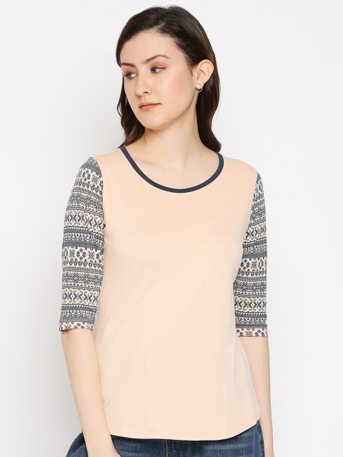 

CULT FICTION Women Peach-Coloured Tribal V-Neck T-shirt