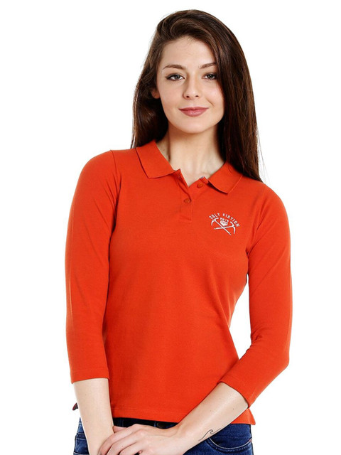 

CULT FICTION Women Rust Polo Collar Applique T-shirt