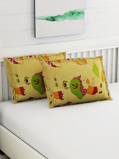 

Salona Bichona Set Of 2 Yellow & Green Printed 144 TC Pure Cotton Pillow Covers