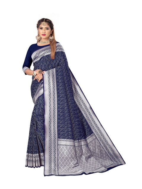 

Rivana Navy Blue & Silver-Toned Woven Design Zari Pure Silk Banarasi Saree