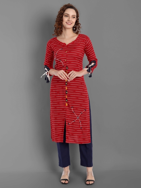 

TORONFRAS Women Red & White Striped Embroidered Detail Kurta