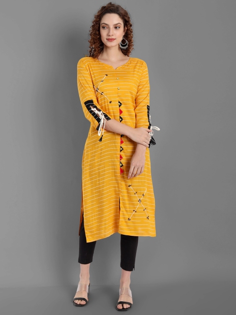 

TORONFRAS Women Mustard Yellow & White Printed Embroidered Detail Kurta