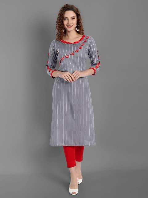 

TORONFRAS Women Grey & Red Striped Cold-Shoulder Sleeves Kurta