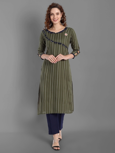 

TORONFRAS Women Olive Green & Navy Blue Striped Thread Work Kurta