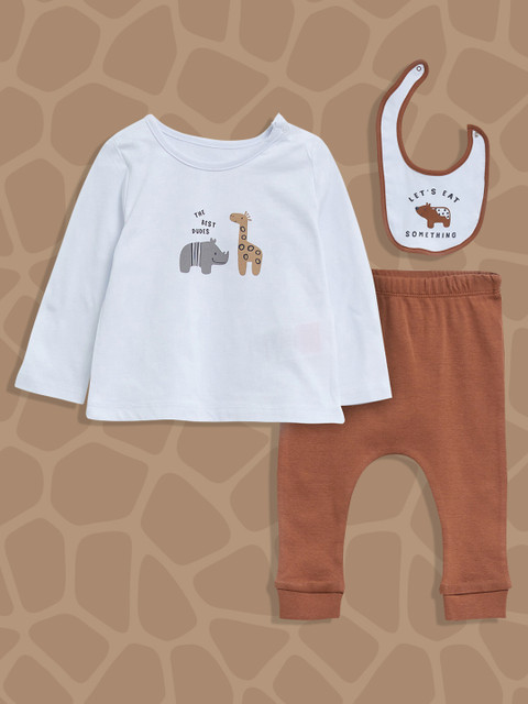 

LC Waikiki Infant Boys White & Brown Printed Pure Cotton T-shirt with Trousers & Bib