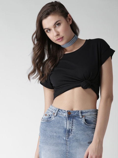

FOREVER 21 Women Black Solid Round Neck T-shirt