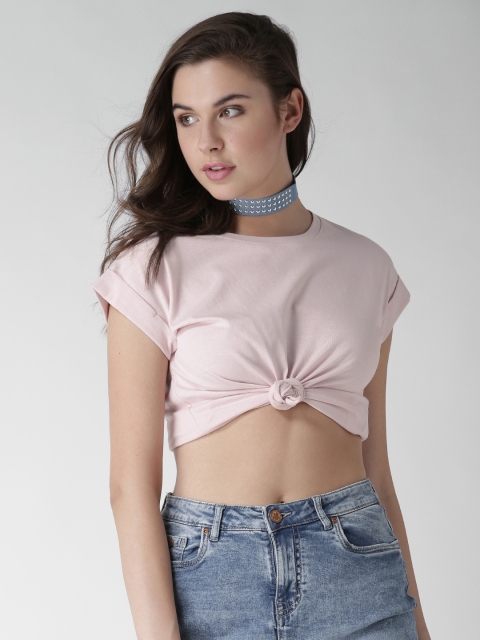 

FOREVER 21 Women Pink Solid Round Neck T-shirt