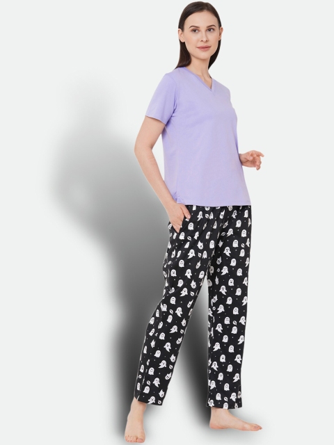 

CASA DE NEE Women Black & Purple Printed Night suit