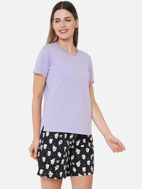 

CASA DE NEE Women Black & Purple Printed Night suit