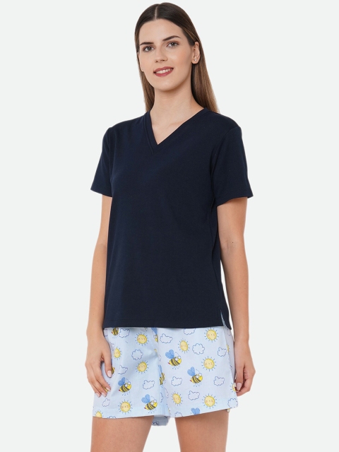 

CASA DE NEE Women Blue & Yellow Printed Night suit