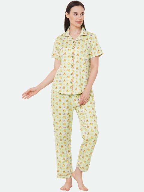 

CASA DE NEE Women Green & Yellow Printed Night suit