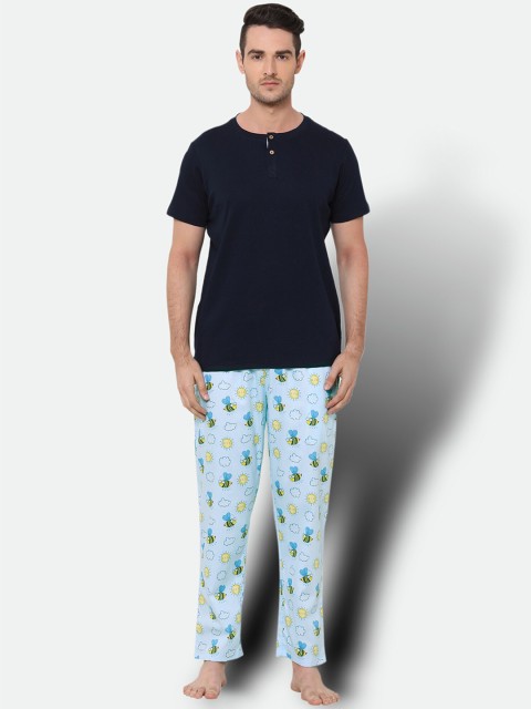 

CASA DE NEE Men Navy Blue & Black Printed Night suit