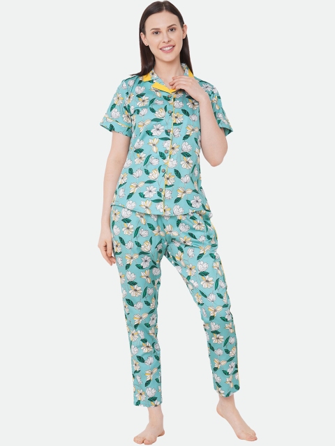 

CASA DE NEE Women Teal & White Printed Night suit