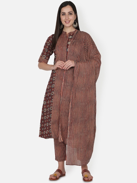 

TRISHLA INDIA Women Maroon Striped Pure Cotton Kurti with Trousers & With Dupatta