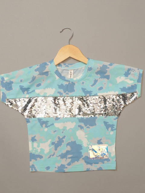 

Mumkins Green & canal blue Print Extended Sleeves Top