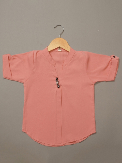 

Mumkins Peach-Coloured & parrot pink Mandarin Collar Roll-Up Sleeves Georgette Shirt Style Top
