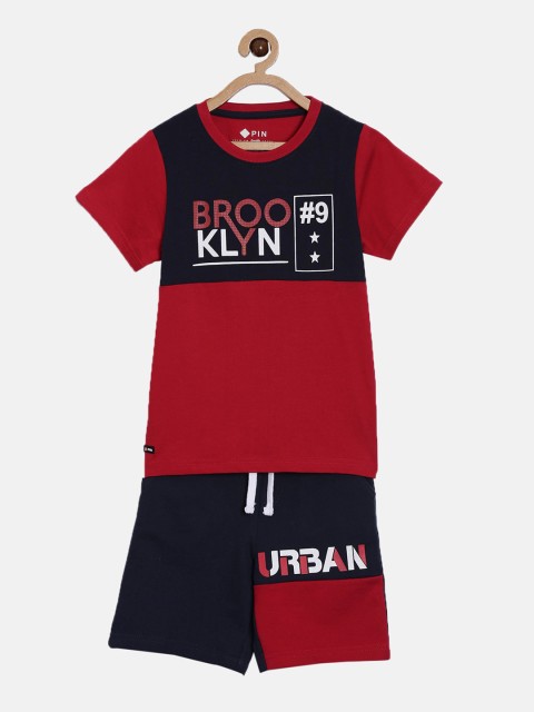

3PIN Boys Red & Navy Blue Colourblocked Pure Cotton T-shirt with Shorts