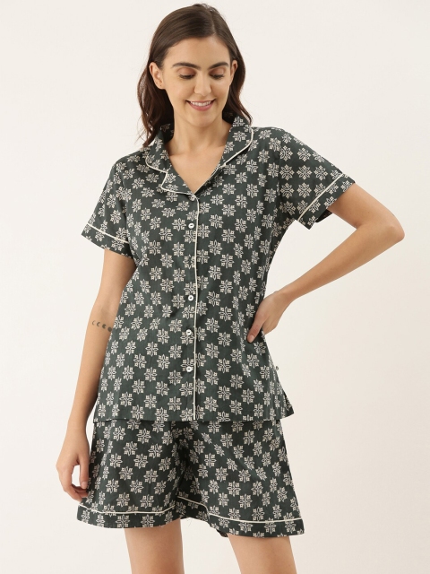 

Bannos Swagger Women Green & White Printed Night suit