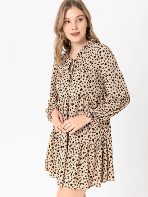 

busem Beige & Black Floral Tie-Up Neck A-Line Dress