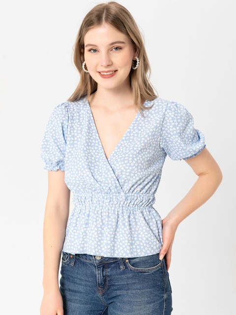 

busem Blue & White Floral Print Wrap Top