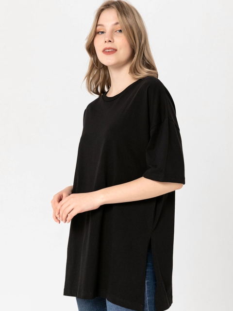 

busem Women Black Drop-Shoulder Sleeves Pure Cotton T-shirt