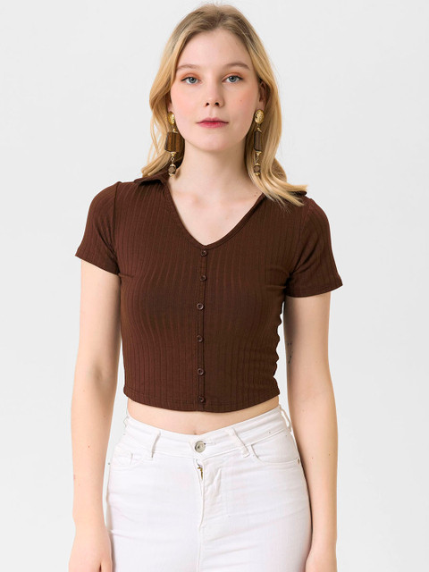 

busem Women Brown Solid Knitted Crop Top