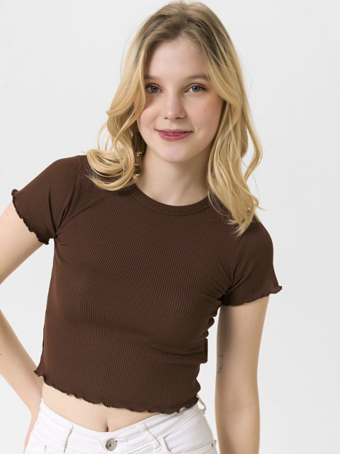 

busem Brown Pure Cotton Solid Ribbed Crop Top