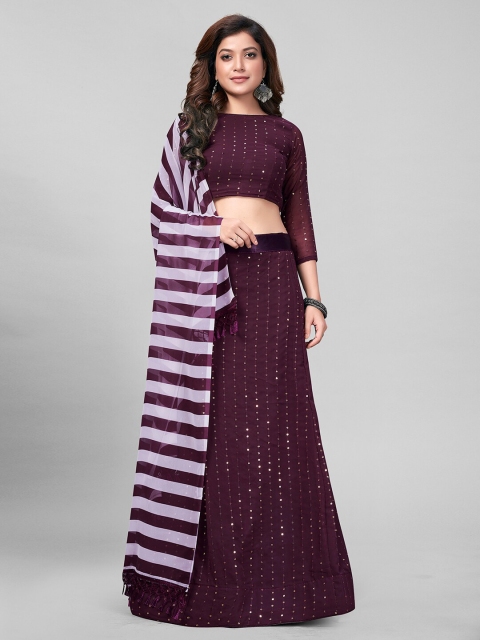 

Mitera Burgundy & White Embroidered Sequinned Semi-Stitched Lehenga & Unstitched Blouse With Dupatta