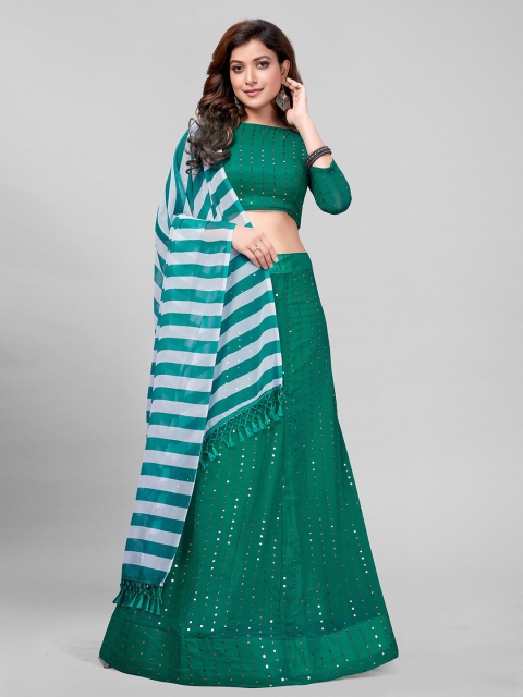 

Mitera Green & White Embroidered Sequinned Semi-Stitched Lehenga & Unstitched Blouse With Dupatta