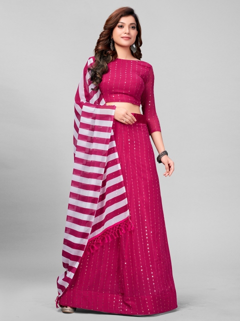 

Mitera Pink & White Embroidered Sequinned Semi-Stitched Lehenga & Unstitched Blouse With Dupatta