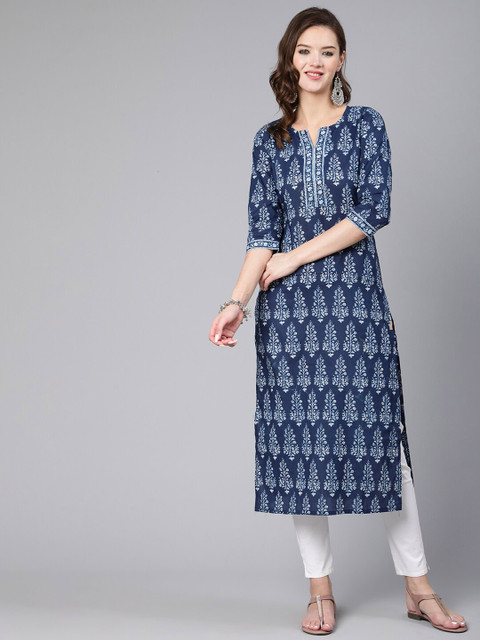 

Nayo Women Blue & medieval blue Printed Keyhole Neck Mirror Work Kurta