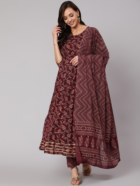 

Nayo Women Burgundy Ethnic Motifs Printed Empire Gotta Patti Pure Cotton Kurta with Trousers & With Dupatta