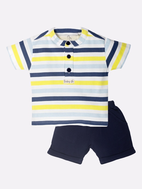 

BABY GO Boys White & Navy Blue Striped Pure Cotton T-shirt with Shorts