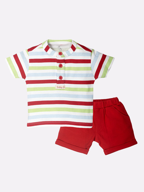 

BABY GO Boys White & Red Striped Pure Cotton T-shirt with Shorts
