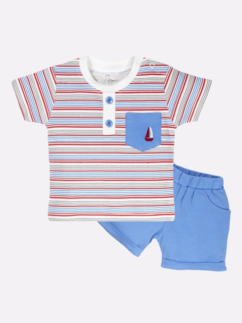 

BABY GO Boys White & Blue Striped Pure Cotton T-shirt with Shorts