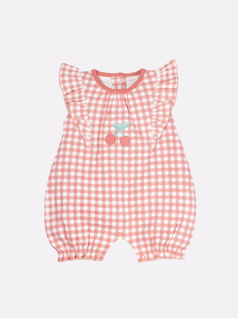 

BABY GO Girls Peach Checked Printed Pure Cotton Rompers
