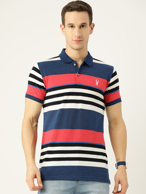 

PORTBLAIR Men Navy Blue & Pink Striped Polo Collar Slim Fit T-shirt