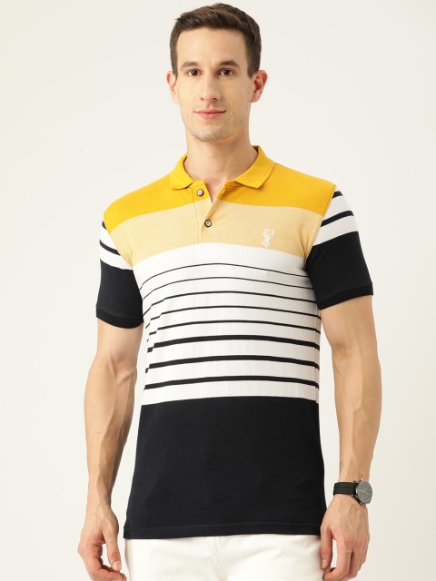 

PORTBLAIR Men Black & Yellow Striped Polo Collar Slim Fit T-shirt
