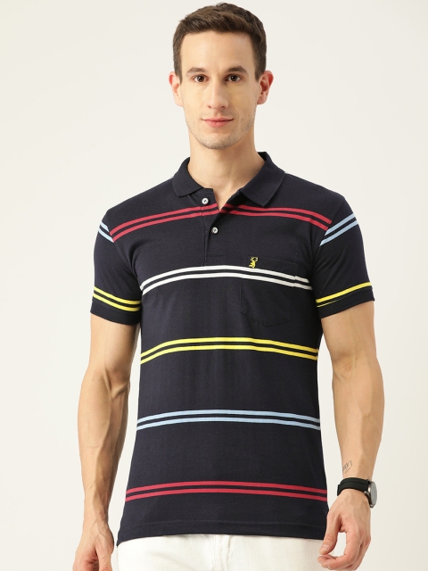 

PORTBLAIR Men Navy Blue & Red Striped Polo Collar T-shirt