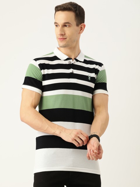 

PORTBLAIR Men Black & Green Striped Polo Collar Slim Fit T-shirt
