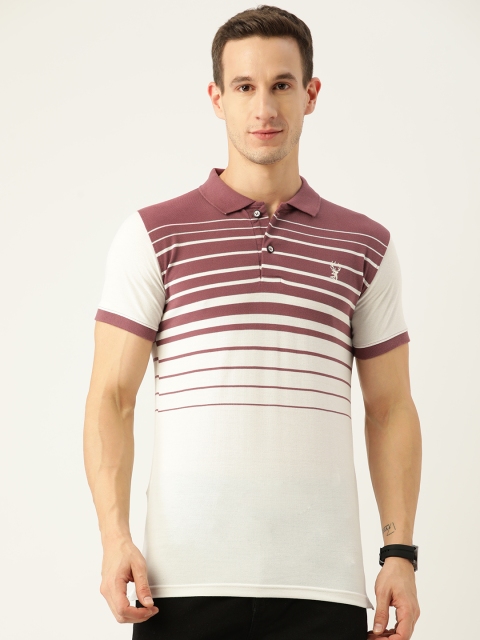 

PORTBLAIR Men White & Mauve Striped Polo Collar Slim Fit T-shirt