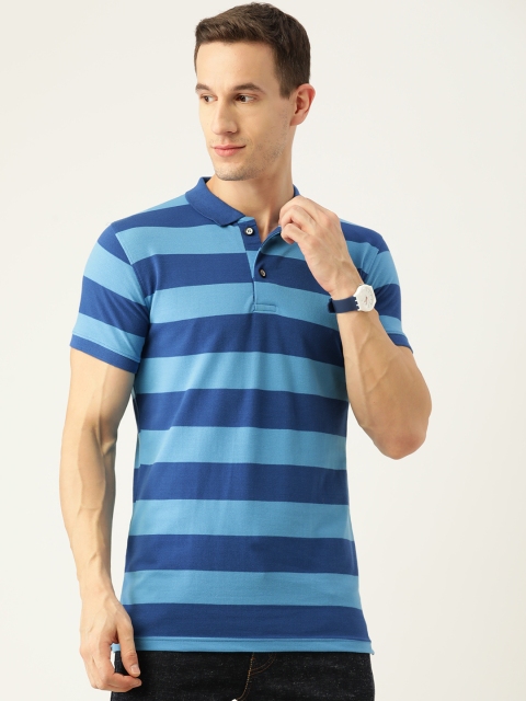 

PORTBLAIR Men Blue Striped Polo Collar Slim Fit T-shirt