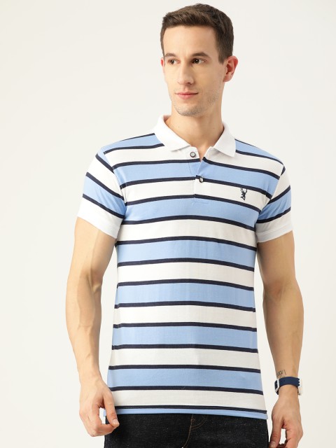 

PORTBLAIR Men Blue Striped Polo Collar Slim Fit T-shirt