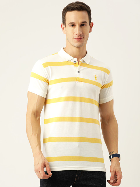 

PORTBLAIR Men White & Yellow Striped Polo Collar Slim Fit T-shirt