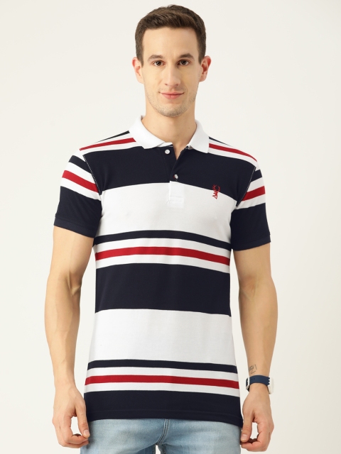 

PORTBLAIR Men Navy Blue & White Striped Polo Collar T-shirt